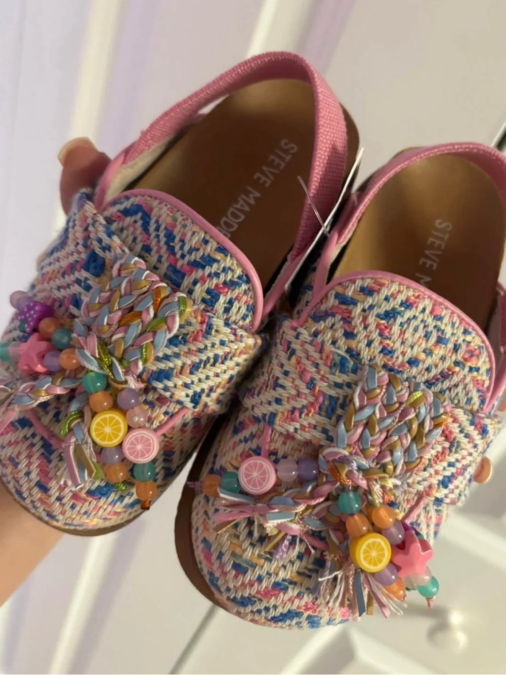 Steve Madden Kids Pink Multicolor Woven Tassel Loafers with Bead Charms
